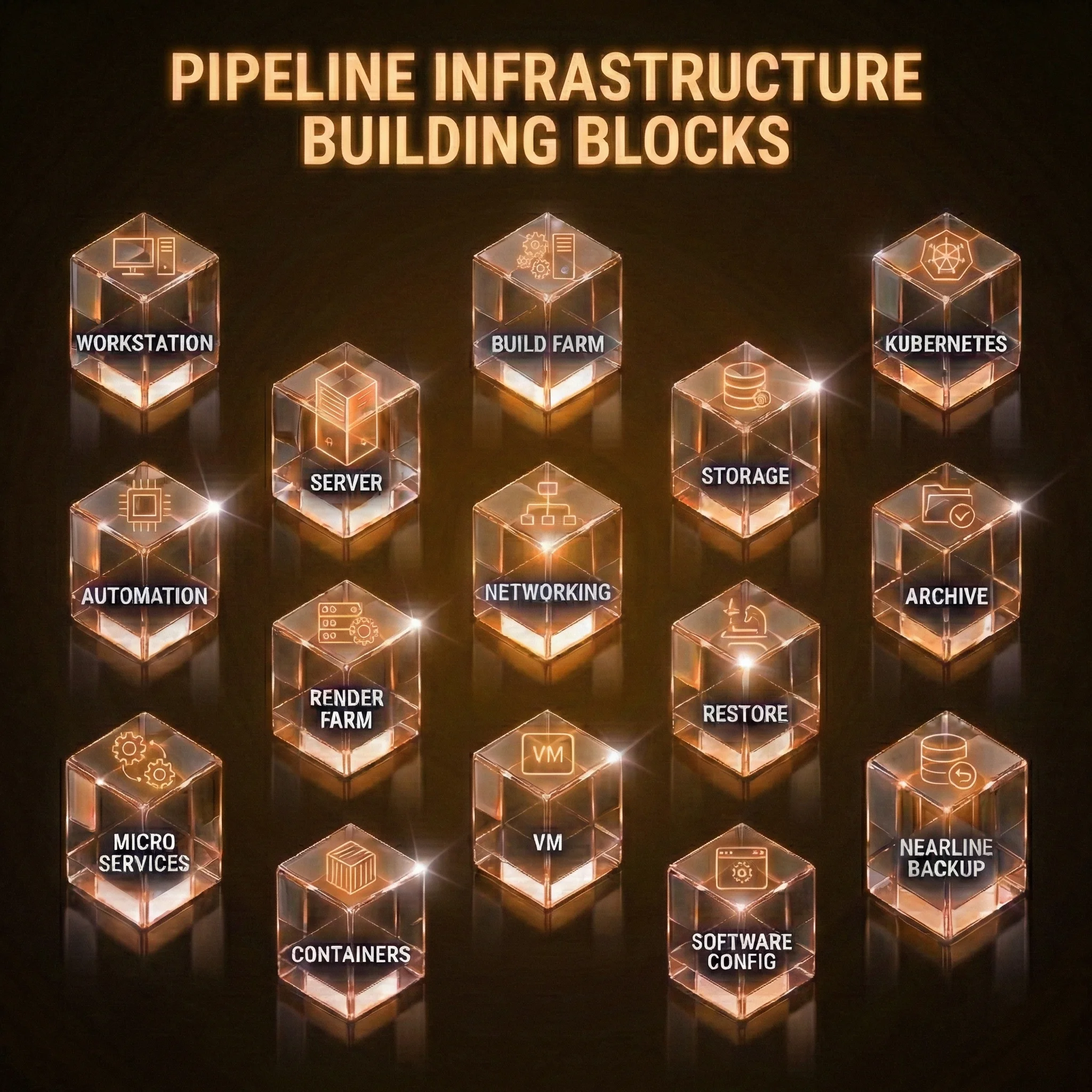 Pipeline infrastructure building blocks including workstations, servers, Kubernetes, storage, and automation