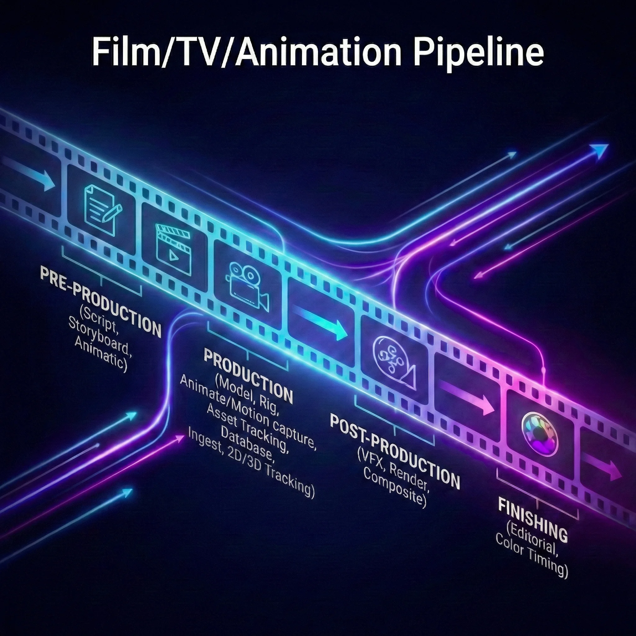 Film, TV, and Animation production pipeline from pre-production through finishing